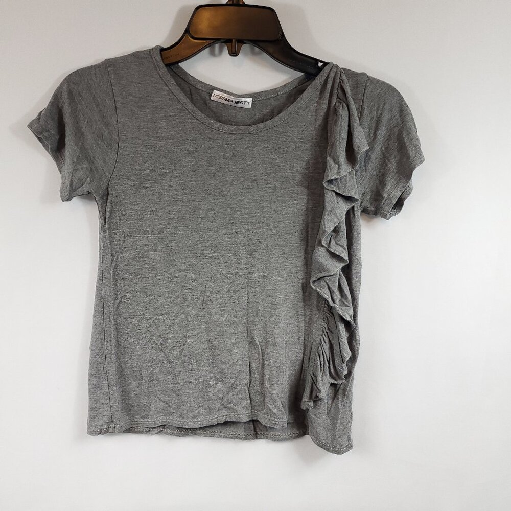 Miss Majesty Grey Girl;s Short Slv Ruffle Accent Middle Top